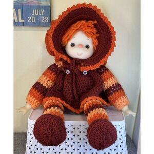 Vintage Doll Hand Crochet Very Well Hand Made 18" Toes to Hat Brown and Orange